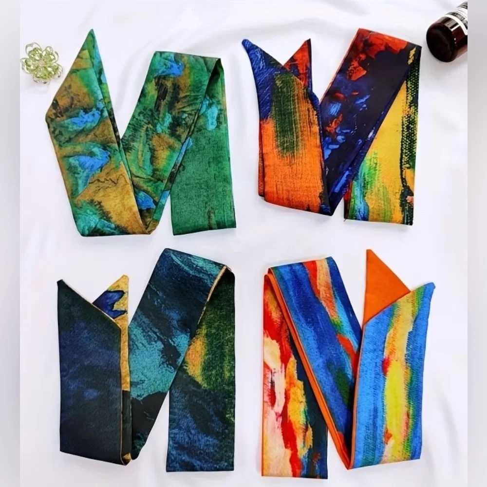 Set of 6 Abstract Oil Painting Art Print Twilly Scarves Silk Twillies